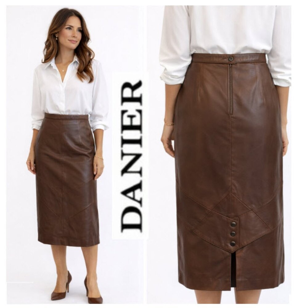 Danier Brown Leather Pencil Skirt Midi Fully Lined High Waist Size 10